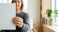 Middle-aged woman with blonde hair, wearing a gray sweater, holding a blank white card or paper toward camera in bright home interior with plants and windows.