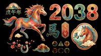 Colorful horse illustration with 2038 numerals and Asian design elements isolated on transparent background, ready for t-shirt design, clipart, stickers, sublimation and print-on-demand projects.