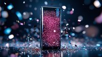 Smartphone with glowing pink screen surrounded by floating confetti and sparkles on dark background with bokeh lights creating magical atmosphere.