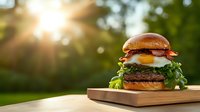 Juicy beef burger with fried egg, bacon, lettuce on brioche bun served on wooden board outdoors. Golden sunset bokeh background creates appetizing mood.