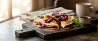 Delicious homemade crepes filled with fresh berries and jam served on rustic wooden board. Perfect breakfast or dessert for cozy morning dining experience.