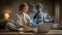 Caucasian woman in white shirt working on laptop beside mystical blue deity figure with ornate headdress, creating spiritual digital workspace atmosphere.