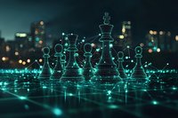 Glowing chess pieces on reflective surface with digital network connections and city lights bokeh in background, symbolizing business strategy and AI technology.