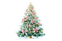Watercolor Christmas tree decorated with pink bows and golden ornaments on white background, isolated for holiday designs and seasonal projects.