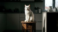White fluffy cat sitting on wooden pedestal in modern kitchen with gray cabinets and shelving. Pet portrait for home decor and animal lovers.