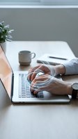 Professional hands typing on laptop keyboard at modern workspace with coffee cup and plant for remote work and productivity concepts.