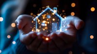 Glowing magical house silhouette floating above cupped hands with sparkles and bokeh lights creating dreamy atmosphere for real estate and home concept visualization.