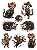 Skeleton cats with floral crowns and colorful ornamental patterns in Day of the Dead style. Isolated clipart set featuring seven cat characters with skull faces, decorative flowers, and festive Mexican-inspired designs for t-shirts and crafts.