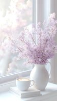 Delicate lilac flowers in white vase on windowsill with coffee cup and book, creating serene morning atmosphere with soft natural light.