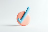 Minimalist checkmark symbol in coral pink and blue on white background, casting soft shadow. Clean modern design element isolated for business concepts.