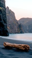 Driftwood on black sand beach with dramatic coastal cliffs at sunset, soft focus creates dreamy atmosphere on volcanic shoreline.