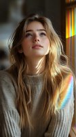 Young Caucasian woman in beige sweater gazing upward with dreamy expression, sunlight and rainbow prism effects highlighting her blonde hair and natural makeup look.