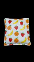 Cheerful fruit-patterned cushion cover featuring smiling strawberries, bananas, and oranges on light background. Isolated on transparent background, ready for product mockups, sublimation, print-on-demand, and design projects.