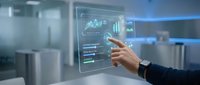 Professional businessman touching futuristic holographic interface with financial charts and data analytics in modern office environment.