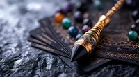 Ornate brass pendulum with crystal beads lying on decorative tarot cards against dark textured stone background, creating mystical fortune-telling atmosphere.