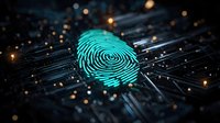Digital fingerprint scan on circuit board with glowing blue biometric identification and golden light particles for security technology.