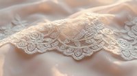 Delicate ivory lace trim with ornate floral embroidery rests on soft satin fabric, showcasing elegant wedding or bridal design details for textile and fashion projects.