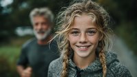 Young blonde girl with braids smiling at camera while mature bearded man stands blurred in background outdoors in natural park setting for family lifestyle content.