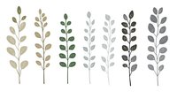 Minimalist botanical branches with oval leaves in earth tones and monochrome variations. Isolated elements for nature-inspired graphic design projects and patterns.