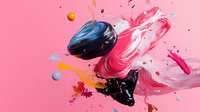 Abstract paint splashes and swirls in vibrant pink, blue, and black against a pink background, creating dynamic movement and artistic expression.
