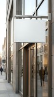 Blank white rectangular signage hanging outside modern storefront with glass windows and metal frame on urban street for business branding mockup.