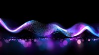 Abstract digital wave of glowing particles in purple and blue neon colors flowing on black background with bokeh effect, modern technology concept.