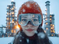 Female industrial worker wearing protective goggles and winter hat at oil refinery during snowfall, illuminated towers and processing units in background at dusk.
