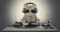 Tabby cat wearing headphones and sunglasses operating turntables and DJ equipment with colorful confetti falling around, isolated on gray background for music and entertainment design projects.