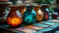 Mystical glowing lanterns and tarot cards arranged on dark table with ornate glass jars in orange and turquoise creating magical fortune telling atmosphere.