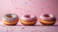 Three glazed donuts with pink frosting and colorful sprinkles arranged in row on pink background with falling confetti creating festive celebration mood.