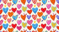 Colorful hand-drawn hearts seamless pattern with various decorative styles and vibrant colors on cream background for romantic designs and crafts.