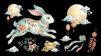 Decorative Asian-inspired rabbit, lanterns, clouds, and floral elements isolated on transparent background. Ready for t-shirt design, clipart, stickers, sublimation, and print-on-demand projects.