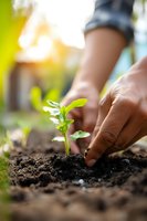 Close-up of hands planting young seedling in rich soil with warm sunlight in background, representing growth, gardening, and environmental care.