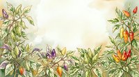 Botanical illustration of chili pepper plants with green foliage and red, orange, and purple ripening peppers arranged as a decorative border frame on cream background.