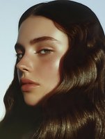 Young woman with glowing skin and wavy brown hair in dramatic side lighting, showcasing natural beauty makeup and luminous complexion for cosmetic advertising.