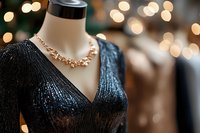 Elegant black sequined evening dress on mannequin with gold jewelry necklace and warm bokeh lights background for luxury fashion retail display.