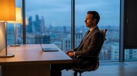 Professional businessman in suit sitting at modern office desk with laptop, contemplating city skyline view through large windows during evening hours.