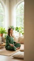 Young Caucasian woman in green pajamas meditating in sunlit living room with houseplants and arched windows for wellness and mindfulness lifestyle.