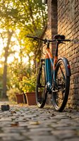 Orange and blue fixed-gear bicycle leaning against brick wall on cobblestone street with golden sunlight filtering through green foliage overhead, urban cycling lifestyle.
