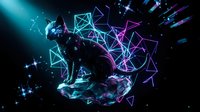 Futuristic digital panther with glowing geometric wireframe elements and neon lighting effects on dark background for technology and gaming designs.