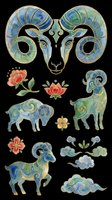 Ornate ram head with curled horns and decorative goats in blue and gold tones, isolated on transparent background. Includes floral elements and cloud motifs. Ready for clipart, t-shirt design, stickers, sublimation, and print-on-demand projects.