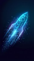 Glowing polygonal rocket with innovate text launches through dark space, neon blue geometric lines and particles, tech startup concept.