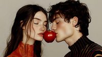 Young Asian woman and Caucasian man biting red apple together, romantic fashion portrait with closed eyes in studio setting against beige background.