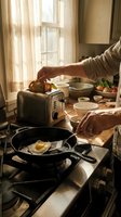 Person preparing breakfast in warm sunlit kitchen with toaster and fried egg in pan. Morning cooking routine with natural light streaming through window.