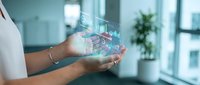 Professional woman holding holographic digital brain with neural networks in modern office environment for technology and artificial intelligence concepts.