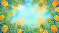 Tropical pineapple and palm leaf frame on watercolor sky background, isolated design element for summer marketing, invitations, and seasonal promotional materials.