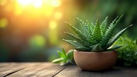 Small succulent plant in brown ceramic pot on wooden surface with soft golden bokeh background and morning sunlight creating peaceful garden atmosphere.