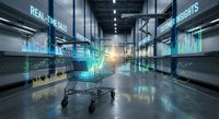 Futuristic shopping cart with holographic data displays in modern retail store interior with digital screens and glowing technology elements.