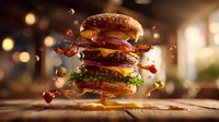 Juicy double bacon cheeseburger with melted cheese, crispy bacon strips, fresh lettuce, tomato and onion floating in air against blurred restaurant background.