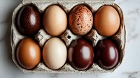 Fresh organic farm eggs in various natural brown and speckled colors arranged in cardboard container, top view composition for food photography and healthy eating concept.